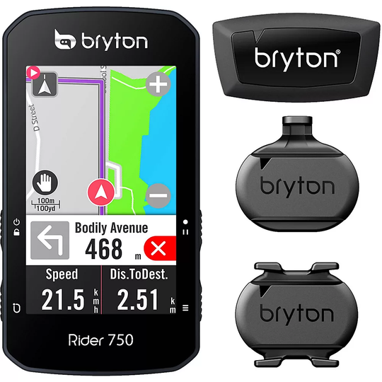 Bryton Rider 750T GPS Cycle Computer Bundle - With Speed/Cadence Combo & HR Sensors} - Black