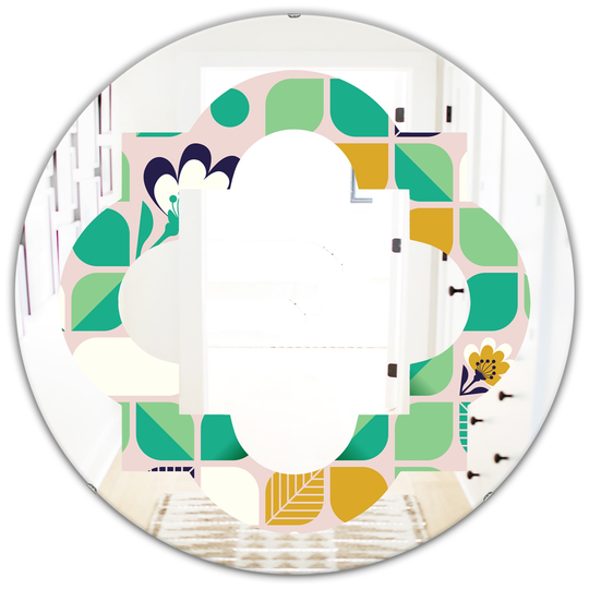 Designart 24-in x 24-in Geometric Pattern with Leaves and Flowers Modern Round Wall Mirror - Green