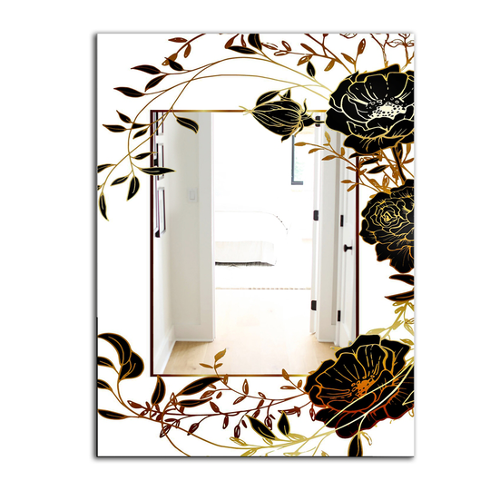 Designart Gold Botanical Blooming 8 Rectangular 35.4-in L x 23.6-in W Polished Vintage Black Wall Mounted Mirror