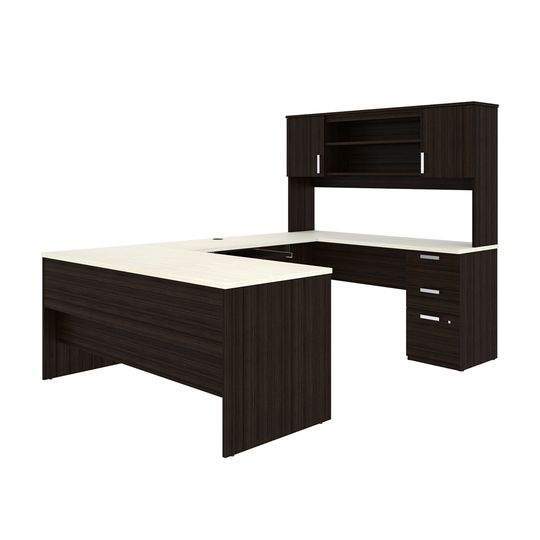 Bestar Ridgeley 65-in U-Desk with Pedestal and Hutch - White Chocolate