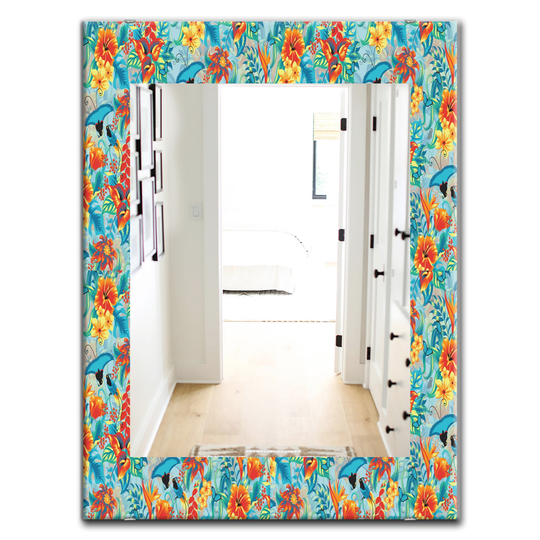 Designart 35.4-in x 23.6-in Blue Tropical Pattern Bohemian and Eclectic Mirror
