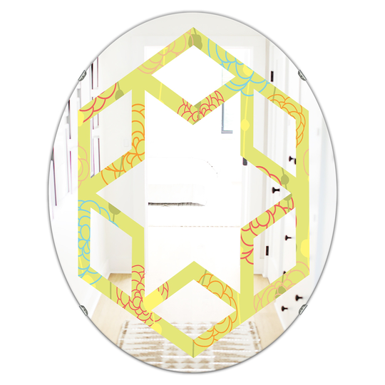 Designart Retro Handdrawn Flowers Oval 31.5-in L x 23.7-in W Yellow Polished Modern Wall Mounted Mirror