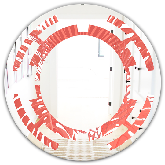 Designart 24-in x 24-in Tropical Retro Foliage Coral I Modern Round Wall Mirror - Red