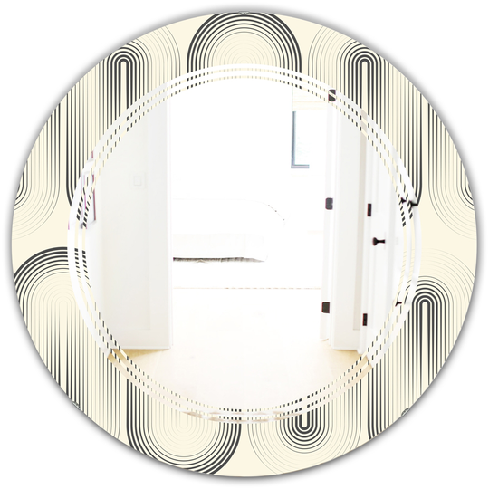 Designart Round 24-in Grey Retro Curved Minimal Geometric Ornament I Polished Wall Mirror
