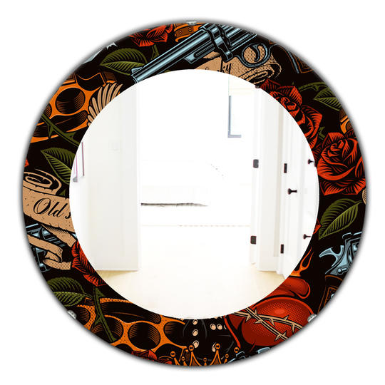 Designart Canada 24-in L x 24-in W Round Old School Tattoo Pattern Polished Wall Mirror