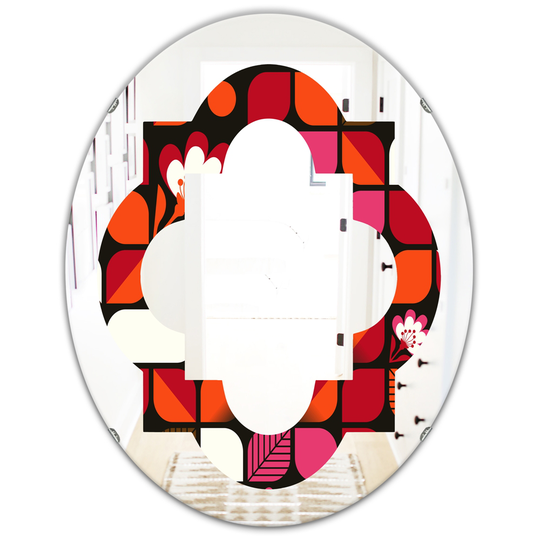 Designart 31.5-in x 23.7-in Red Geometric Retro Flower Design I Modern Oval Wall Mirror