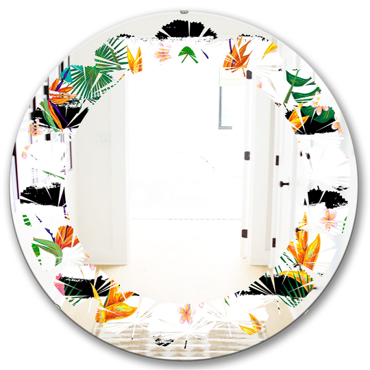 Designart 24-in x 24-in Retro Tropical Leaves II Modern Round Wall Mirror in Multi-Colour