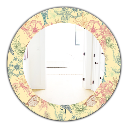 Designart 24-in x 24-in Yellow/Gold Spring Pattern with Butterflies on Flowers Traditional Mirror