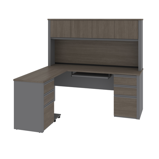 Bestar Prestige + 72-in L-Desk with Two Pedestals and Hutch - Bark Grey and Slate