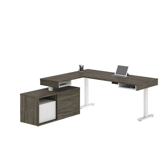 Bestar Pro-Vega Modern L-Shaped Standing Desk with Credenza - 80.3-in - Walnut Grey/White