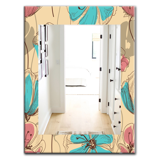 Designart Canada 35.4-in L x 23.6-in W Rectangle Blue and Pink Blossom Polished Wall Mirror