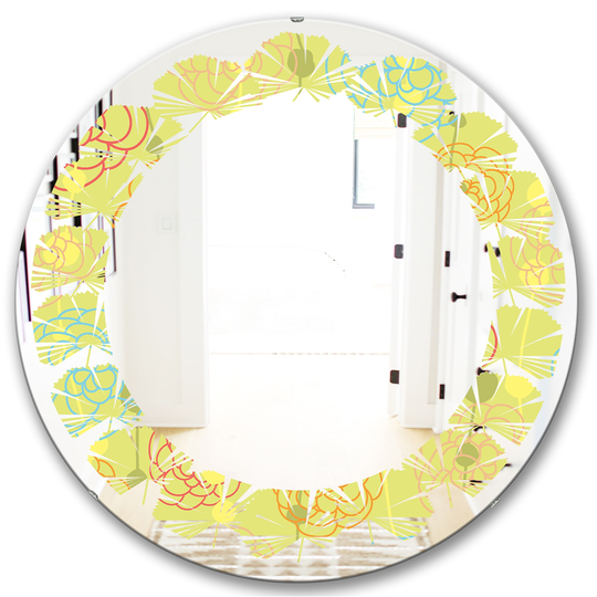 Designart Retro Handdrawn Flowers Round 24-in L x 24-in W Polished Wall Mounted Mirror-Yellow