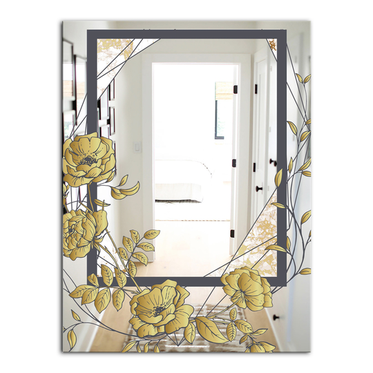 Designart Gold Botanical Blooming 1 Rectangular 35.4-in L x 23.6-in W Polished Country Wall Mounted Mirror