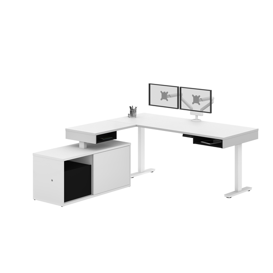 Bestar Pro-Vega Modern L-Shaped Standing Desk with Dual Monitor Arm and Credenza - 80.3-in - White/Black