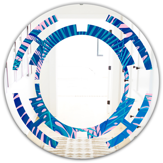 Designart Blue Round 24-in Retro Floral Pattern X Polished Wall Mirror