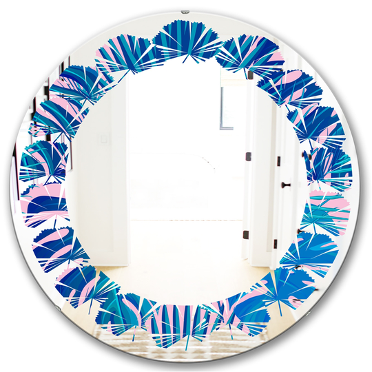 Designart Round Blue 24-in Retro Floral Pattern X Polished Wall Mirror