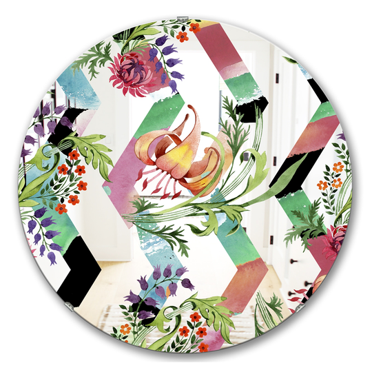 Designart Elementary Botanicals 5 Round 24-in L x 24-in W Polished Mid-Century Multicolour Wall Mounted Mirror