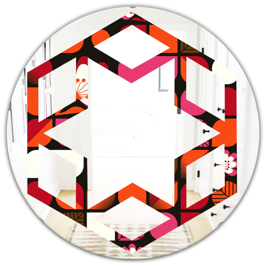Designart Red Geometric Retro Flower Design I Modern Round Mirror