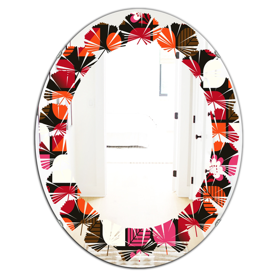 Designart 31.5-in x 23.7-in Geometric Retro Flower Design I Modern Oval Decorative Mirror in Red