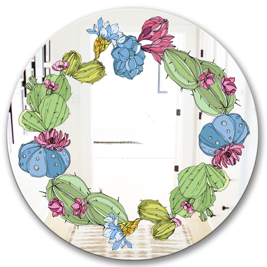 Designart Cactus 1 Round 24-in L x 24-in W Polished Farmhouse Green Wall Mounted Mirror