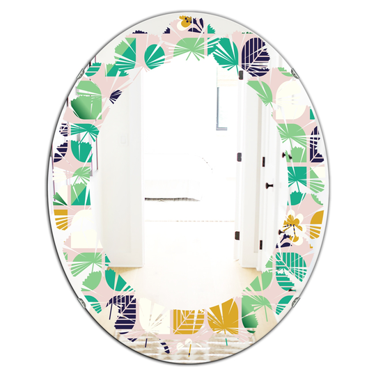 Designart 31.5-in x 23.7-in Geometric Pattern with Leaves and Flowers Modern Oval Decorative Mirror in Green
