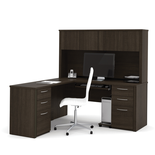 Bestar Embassy 66-in L-Shaped Desk with Two Pedestals and Hutch - Dark Chocolate
