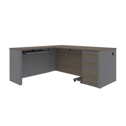 Bestar Prestige + 72-in L-Shaped Desk with Pedestal - Bark Grey and Slate