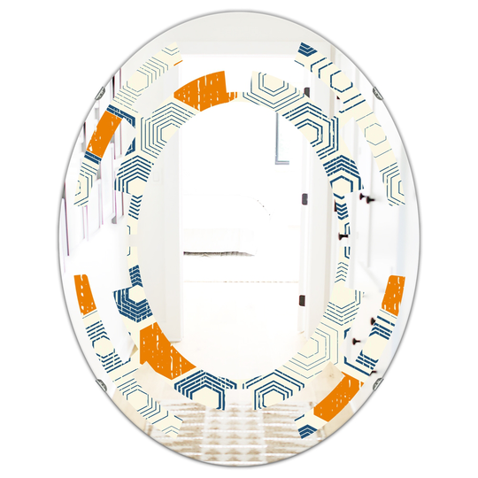 Designart 31.5-in x 23.7-in Retro Hexagon Pattern IX Modern Oval Wall Mirror in Orange