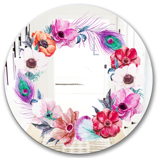 Designart Pastel Flower Wreath Round 24-in L x 24-in W Polished Country Pink Wall Mounted Mirror