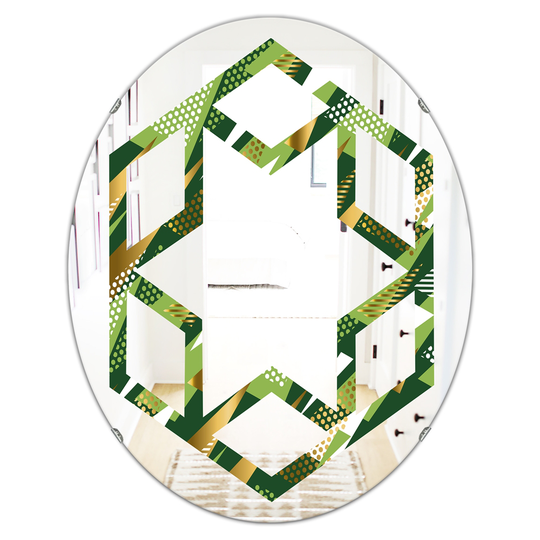 Designart Triangular Gold and Green Design I Modern Oval Wall Mirror
