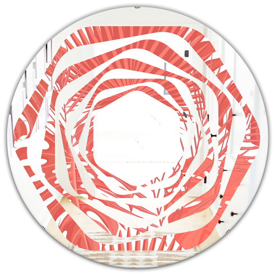 Designart 24-in x 24-in Tropical Retro Foliage Coral I Modern Round Mirror in Red