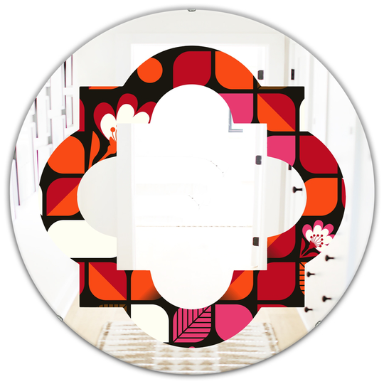 Designart 24-in Geometric Retro Flower Design I Modern Round Wall Mirror in Red