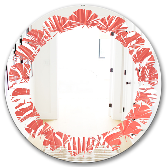 Designart 24-in x 24-in Tropical Retro Foliage Coral I Modern Round Wall Mirror in Red