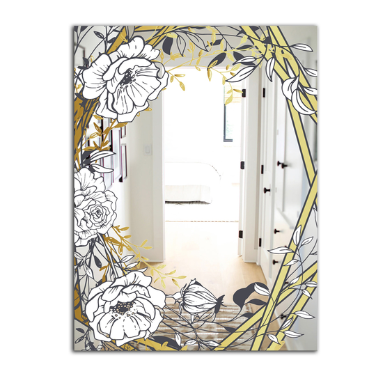 Designart Gold Botanical Blooming 4 Rectangular 35.4-in L x 23.6-in W Polished Country White Wall Mounted Mirror