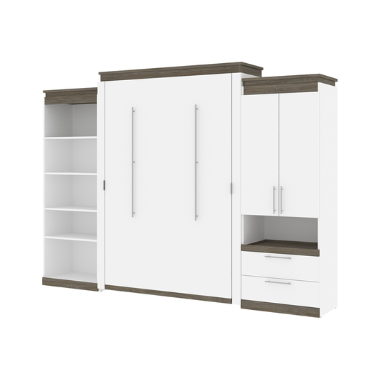Bestar Orion Queen Murphy Bed Integrated Storage in White & Walnut Grey