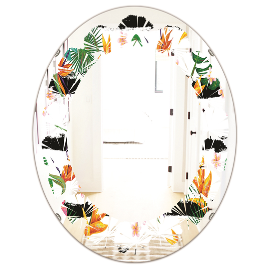 Designart 31.5-in x 23.7-in Retro Tropical Leaves II Modern Oval Wall Mirror in Multi-Colour
