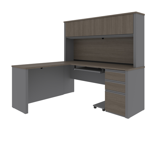 Bestar Prestige + 72-in L-Shaped Desk with Pedestal and Hutch - Bark Grey and Slate